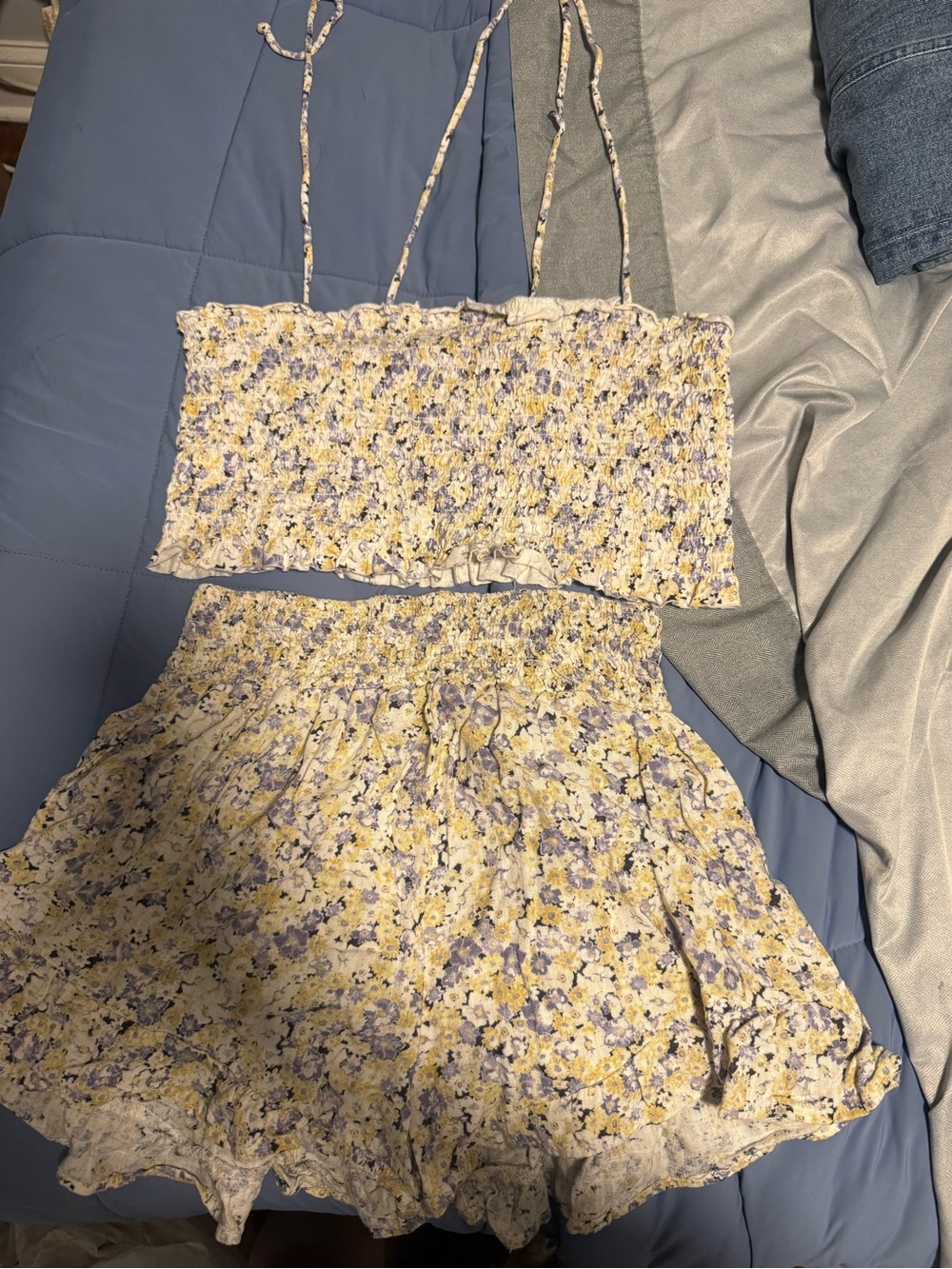 wild fable Cream Yellow & Lavender Floral Smocked Crop Top + Shorts Set